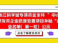 张江科学城专项资金支持 ”中小研发类企业危废处置项目补贴“（第一批）公示