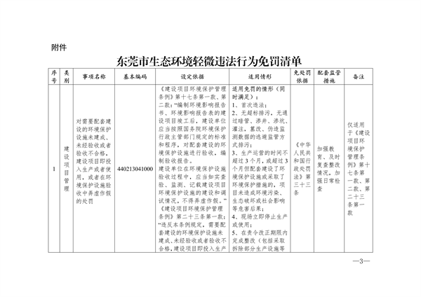 《东莞市生态环境轻微违法行为免罚清单》发布 16种行为或可免罚